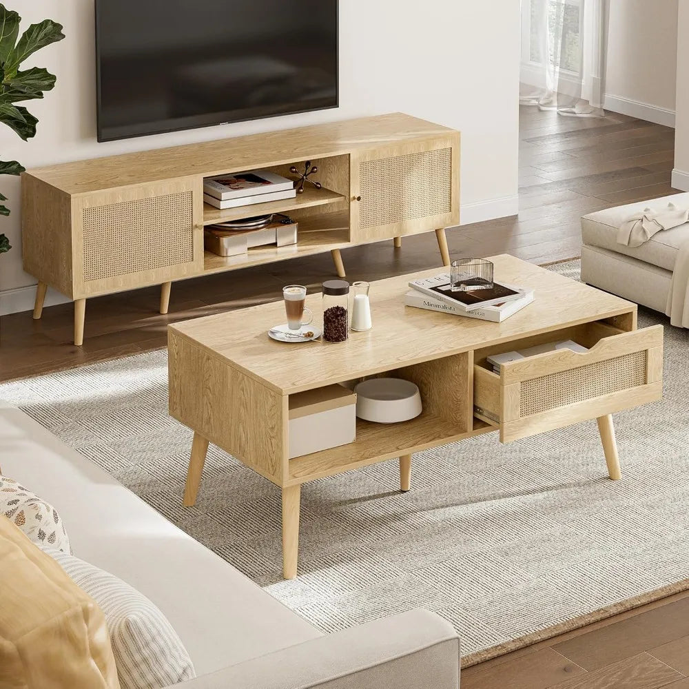 Storage Coffee Table, Bohemian Rattan Drawer , Compact Coffee Tables for Living Spaces, Oak Finish