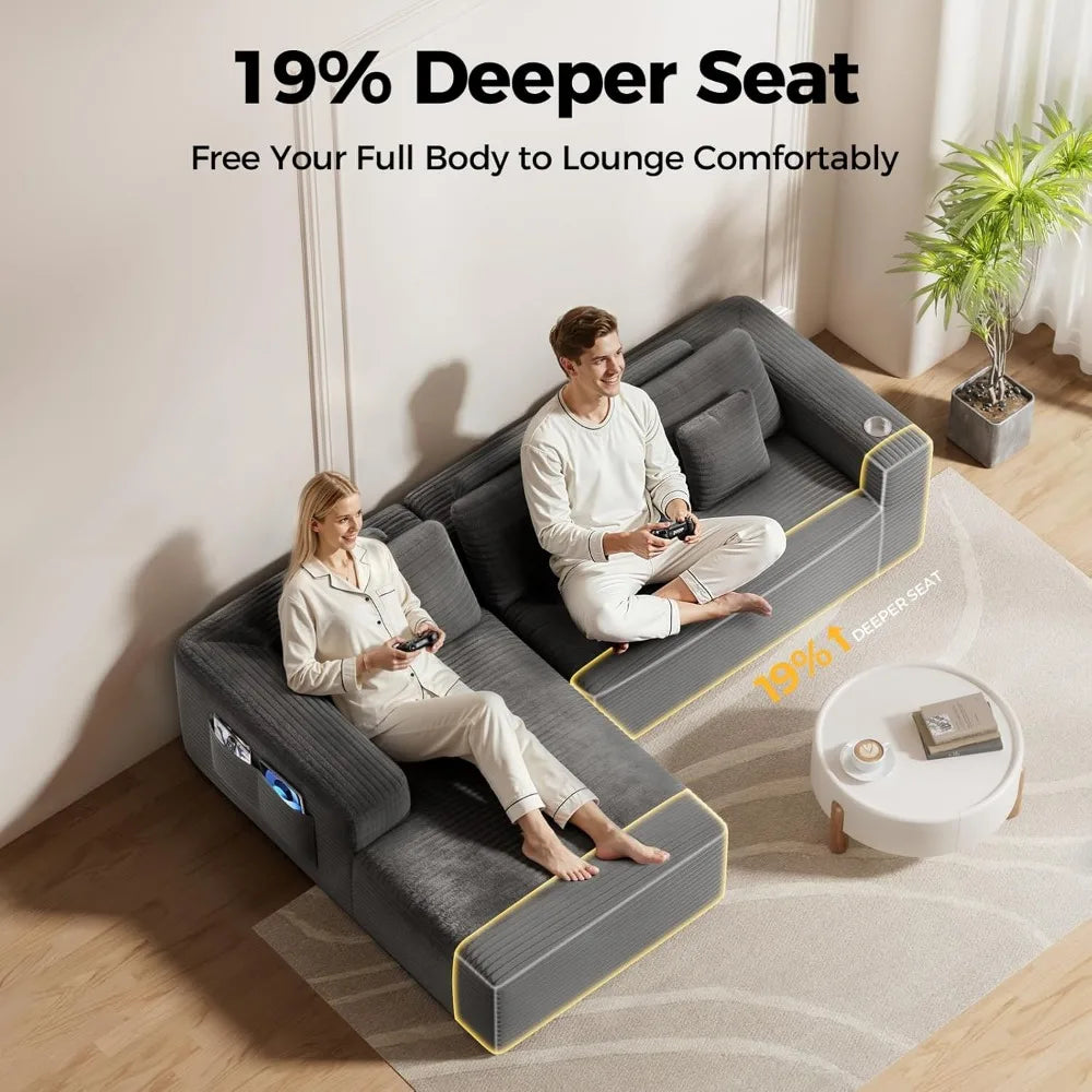 Compressed Modular L-Shaped Sofa with Deep Seating, Cloud Sectional Couch in a Single Box, Corduroy Fabric