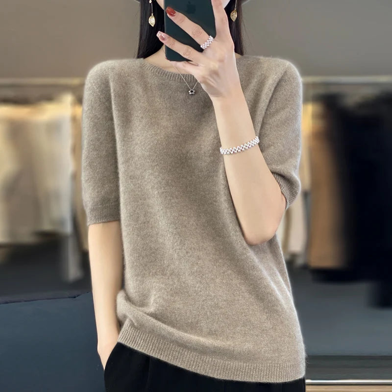 100% Merino Wool Women's O Neck Knitted  Pullover, Short Sleeve Sweater, Women's Basic Solid Color/ Half Sleeve