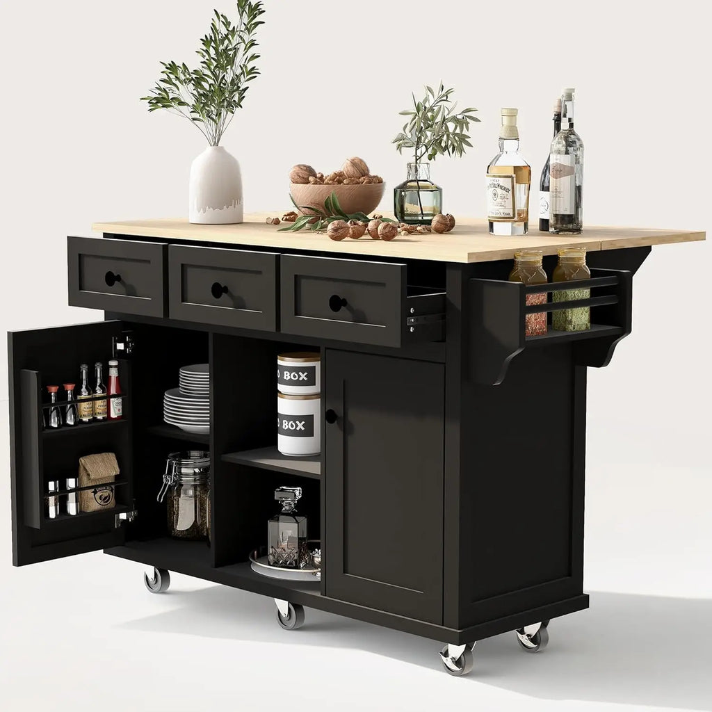 Rolling Kitchen Island with Drop Leaf, Kitchen Cart on Wheels with 3 Drawers and 2 Cabinets, Wood Portable Trolley, Customized
