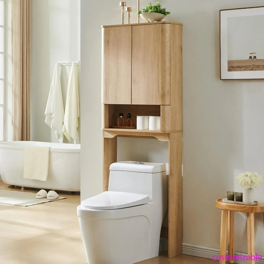 67 Tall Wooden Bathroom Storage Cabinet with Adjustable Shelves and Handle-Free Double Doors