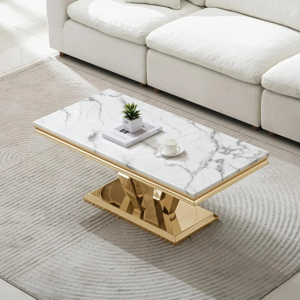 Luxury Marble Coffee Table with Stainless Steel Pedestal, 47" Modern Gold Coffee Table for Living Room, Rectangle Faux Marble