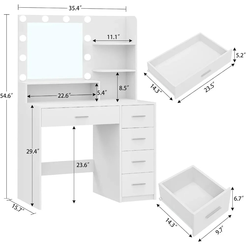 Makeup Vanity Desk with Mirror & Lights, 5 Drawers & Storage Shelves, Vanity Table, 3 Color Modes & Adjustable