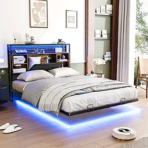 Full Size Floating Bed Frame with Headboard, LED Lights, Hidden Storage