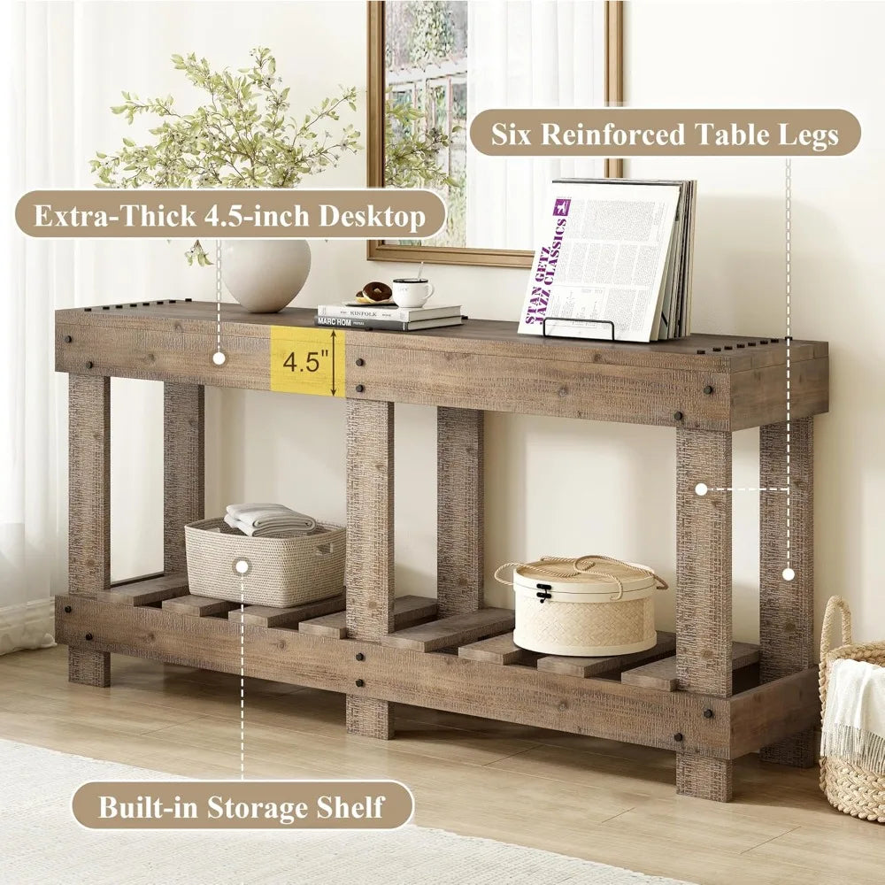 Farmhouse Rustic Wood Entryway Console Table 63-Inch Long Narrow Entry Sofa Table with Storage Shelf for Living Room Balcony