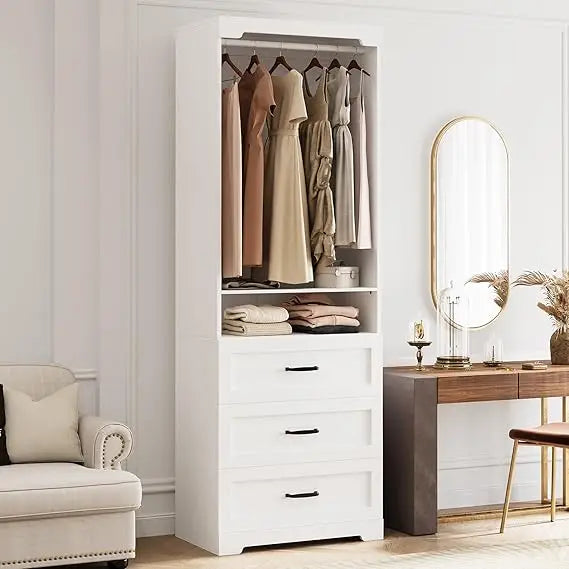 Freestanding Closet System with Wood Drawers, Adjustable Shelves, and Hanging Rod