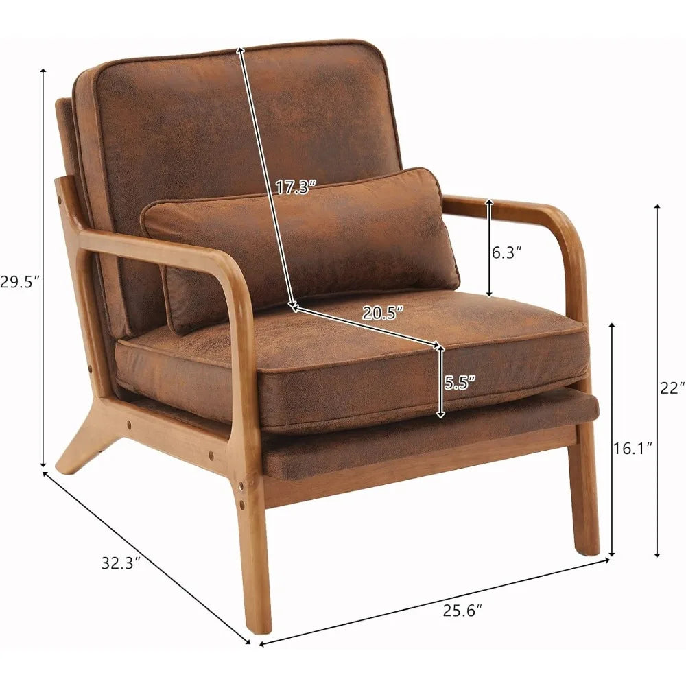 Microfiber Rustic Mid Century Modern Accent Chair, Solid Wood Padding Lounge Armchairs Side Sitting Chairs for Living Room