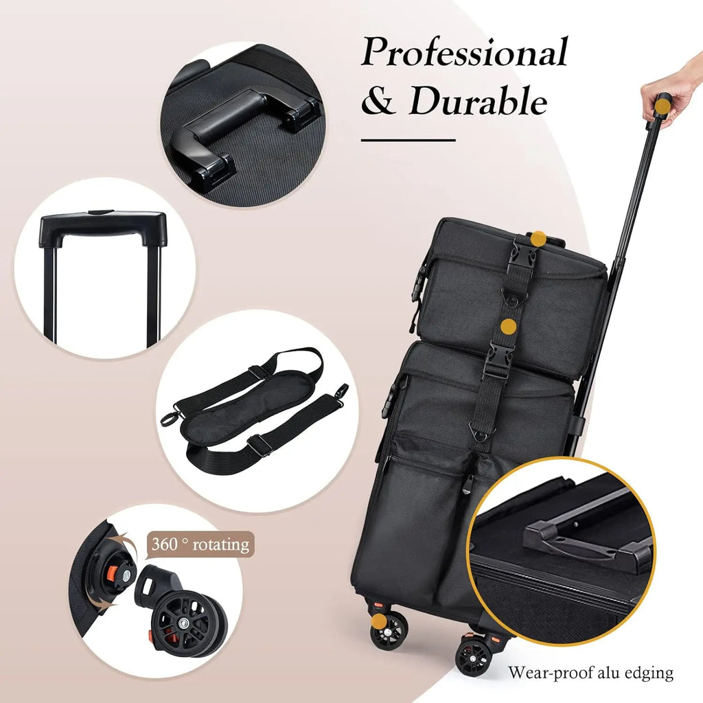 Professional Rolling Makeup Case Soft Sided Cosmetology Organizer Wheeled Nylon Train Case Portable Travel Supply Station