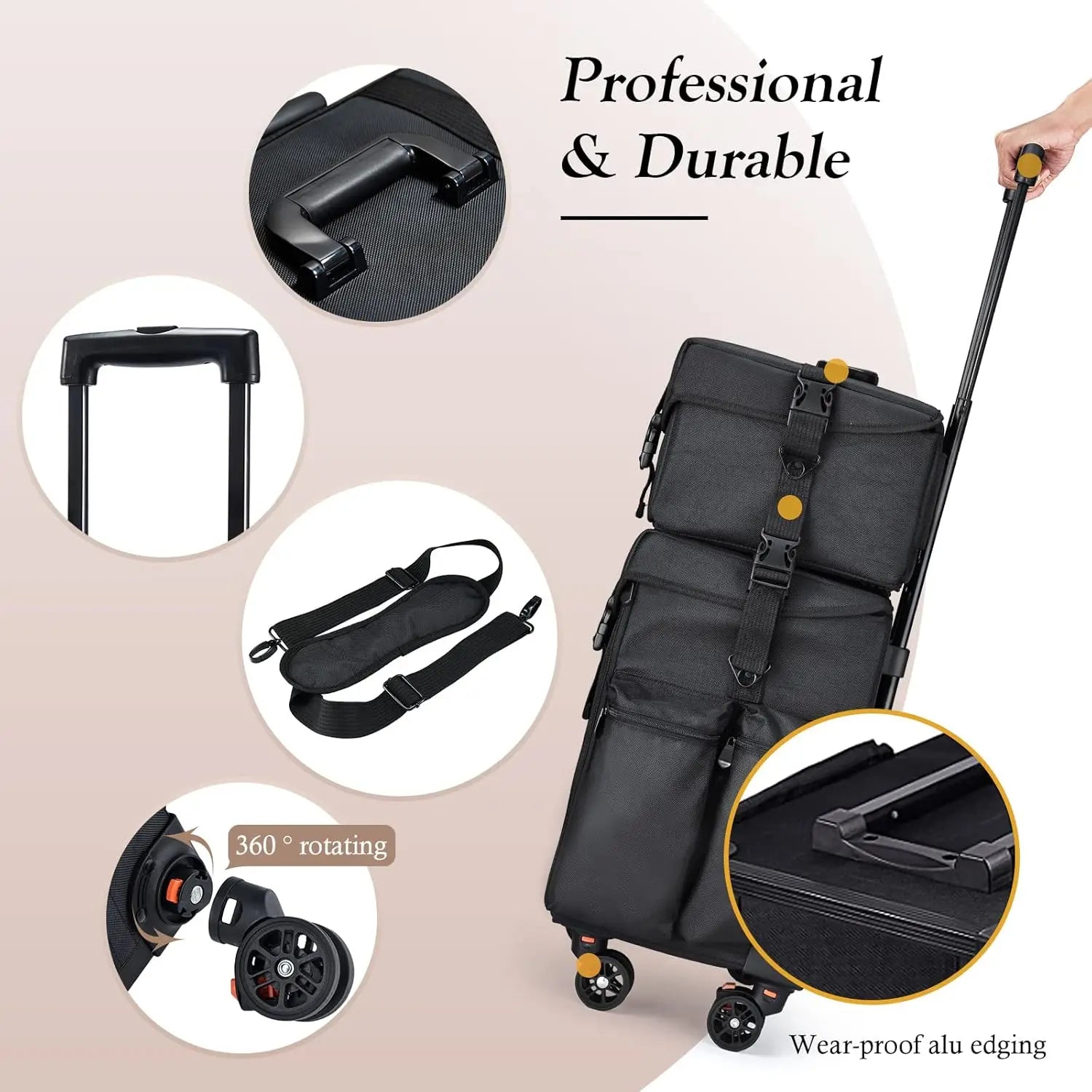 Professional Rolling Makeup Case Soft Sided Cosmetology Organizer Wheeled Nylon Train Case Portable Travel Supply Station