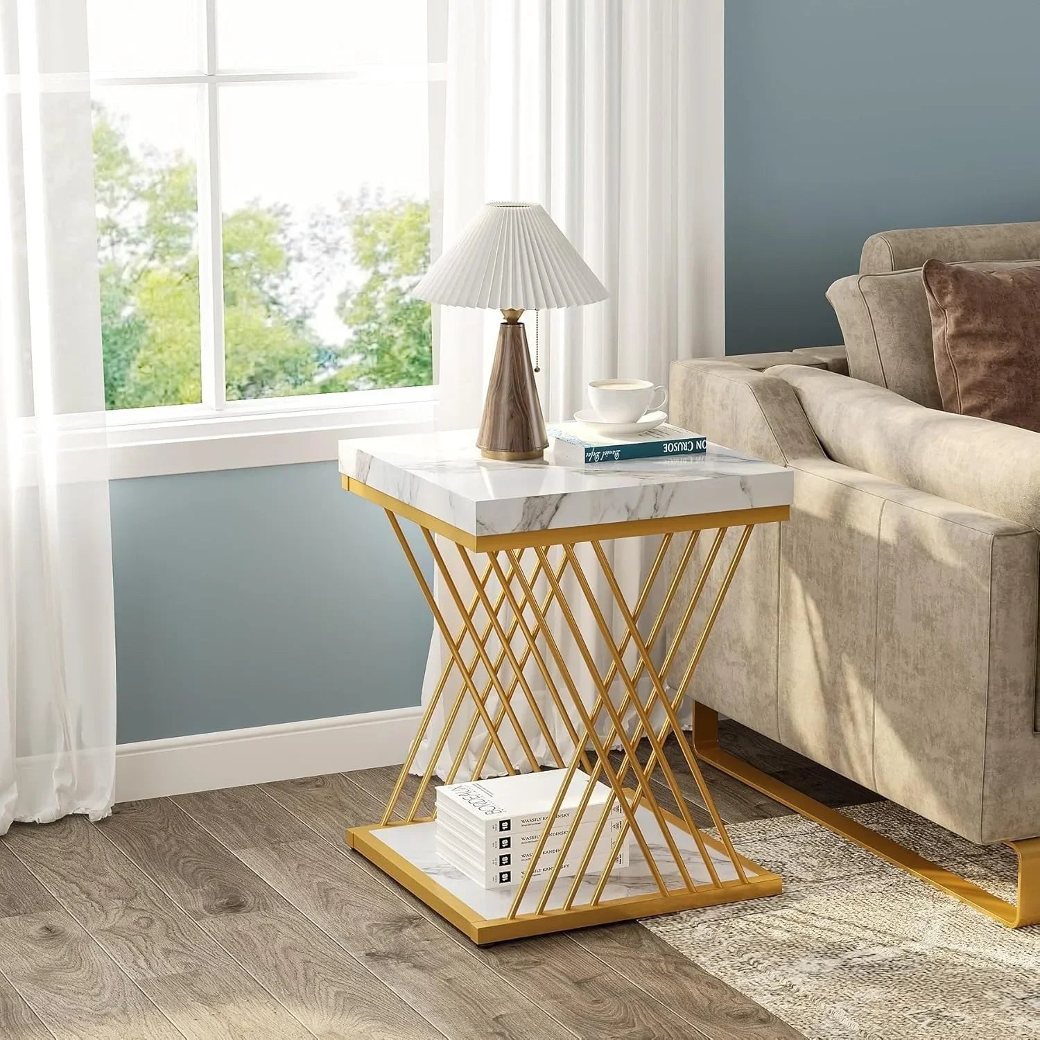 Square End Table White Gold 2-Tier Side Table Modern Small Table with Storage for Couch, Faux Marble White +Gold