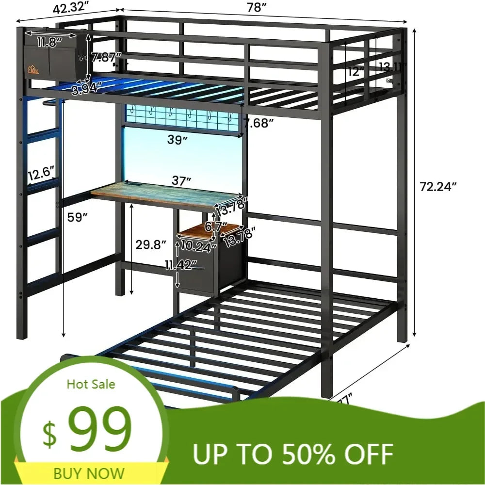 Metal L-Shaped Twin over Twin Bunk Bed with Desk, LED Lighting, and Charging Station