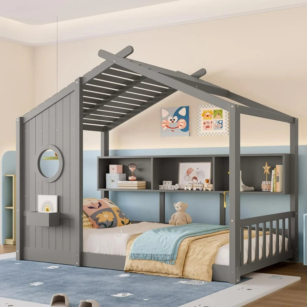 Twin-Sized Storage-Friendly Kids' Montessori Bed with Wooden House Frame and Roof