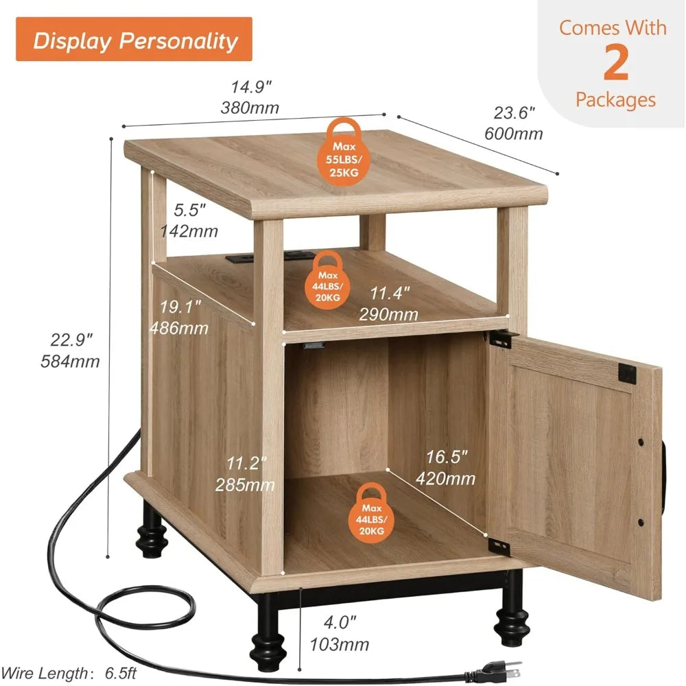 Set of 2 End Tables with Charging Station, Sofa Side Tables with Storage Cabinet for Living Room, Light Wood Bedside Table