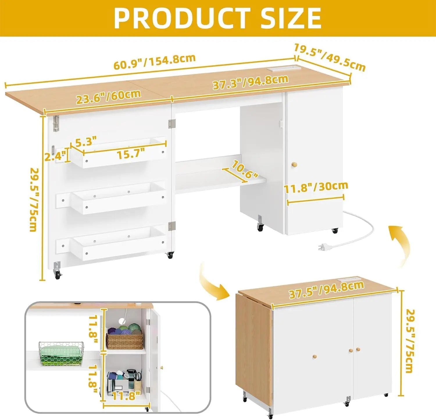 Folding Sewing Table w/Charging Station, Sewing Table with Storage, Multi-Craft Desk with Lockable Casters, Magnetic Doors
