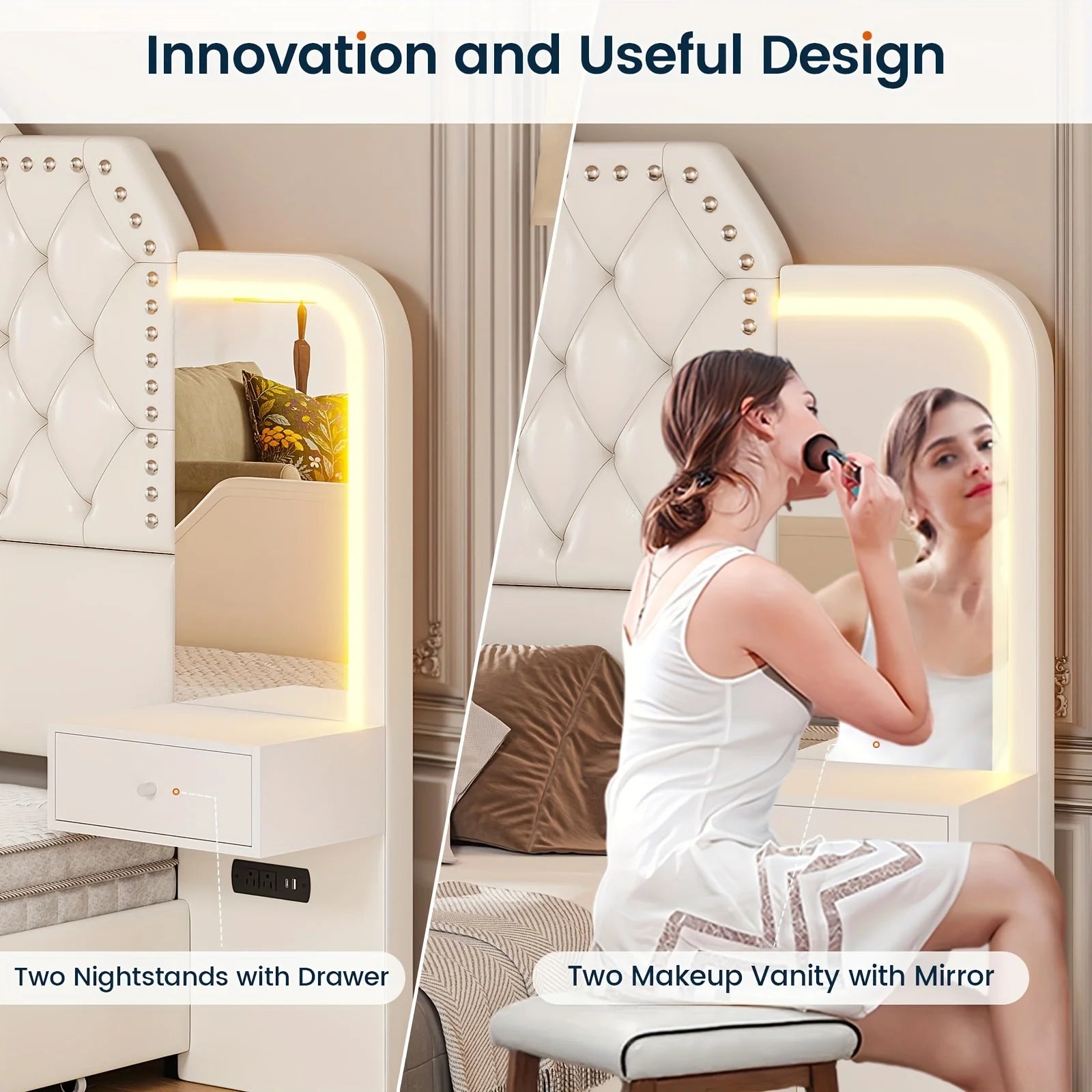 Queen Size Bed Frame/2 Nightstands with Mirror, Platform Bed Frame with 53" Tall Headboard and 4 Storage Drawers