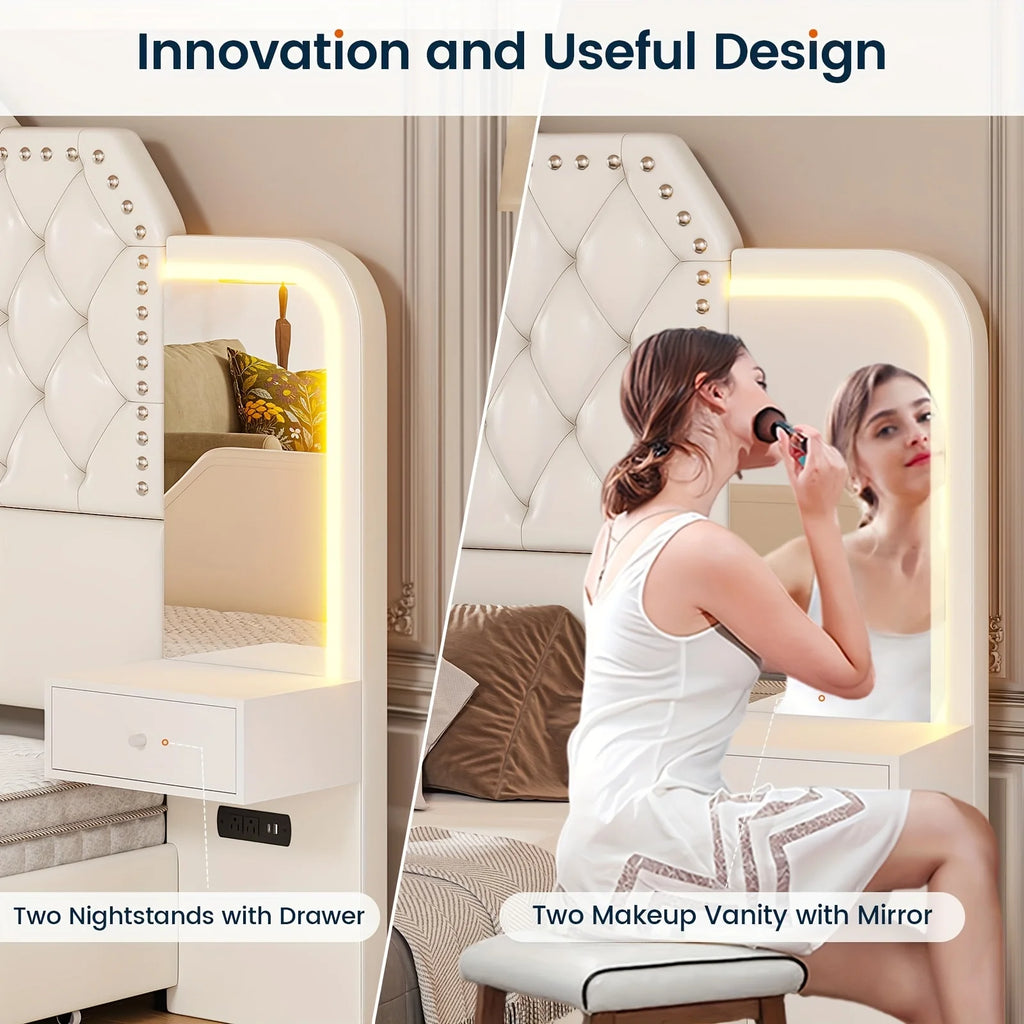 Queen Size Bed Frame/2 Nightstands with Mirror, Platform Bed Frame with 53" Tall Headboard and 4 Storage Drawers