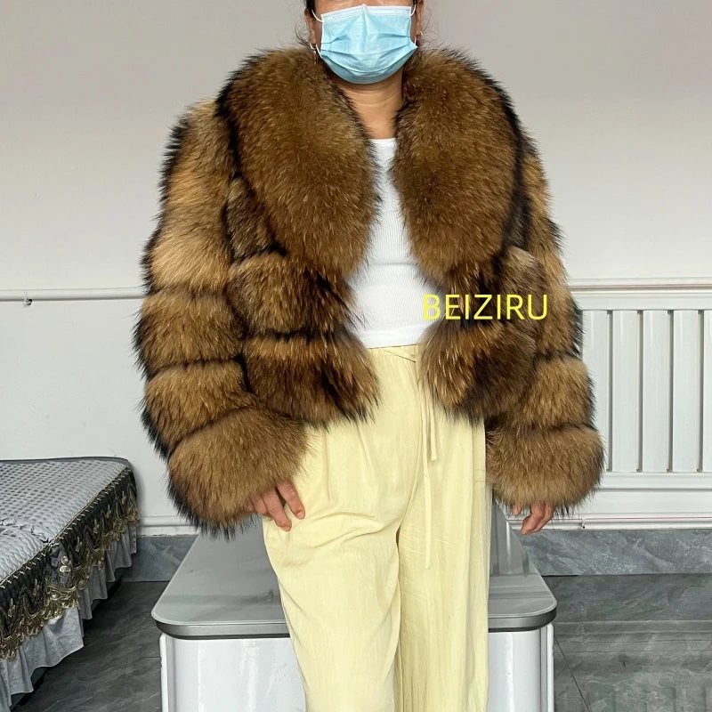BEIZIRU Women's Real Raccoon Fur Coat Winter Long Sleeve Hooded Jacket with Turndown Collar/ Natural Luxury /Thick Top