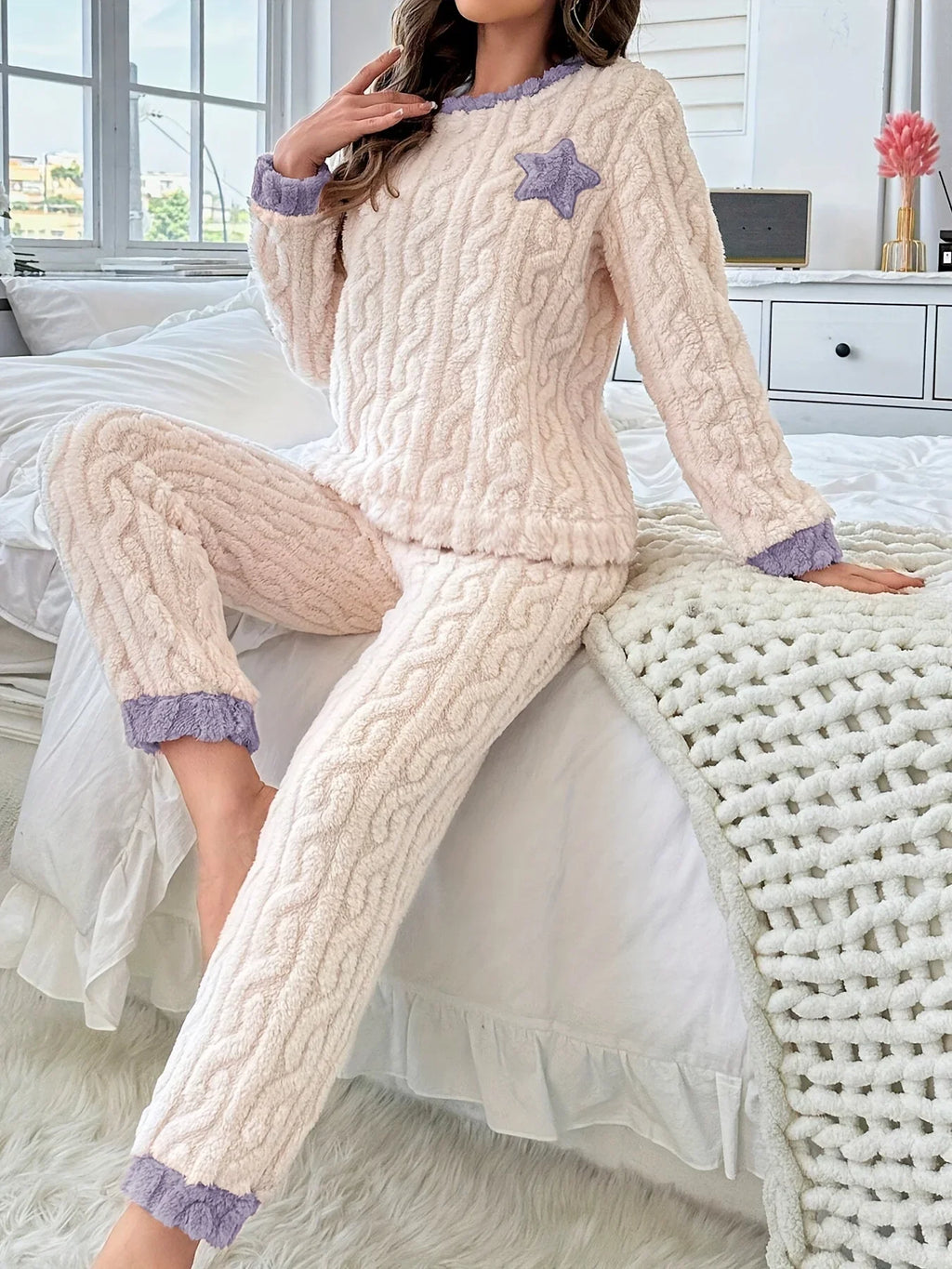 Women's Fleece Pajama Set, Star Jacquard Pattern. Cozy Long-Sleeve Top & Pants for a Relaxed Fit in Fall & Winter. Shop Now!