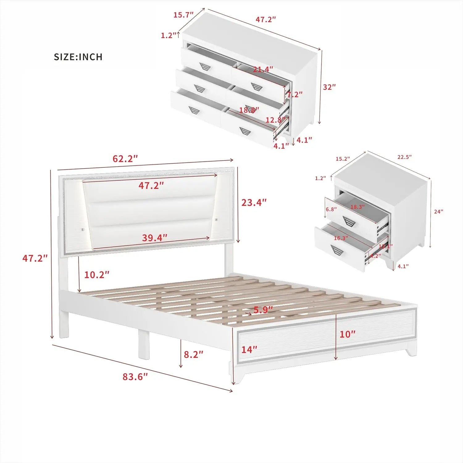3 Pieces Bedroom Set Queen Size Upholstered Bed with LED Lights, Nightstands, White