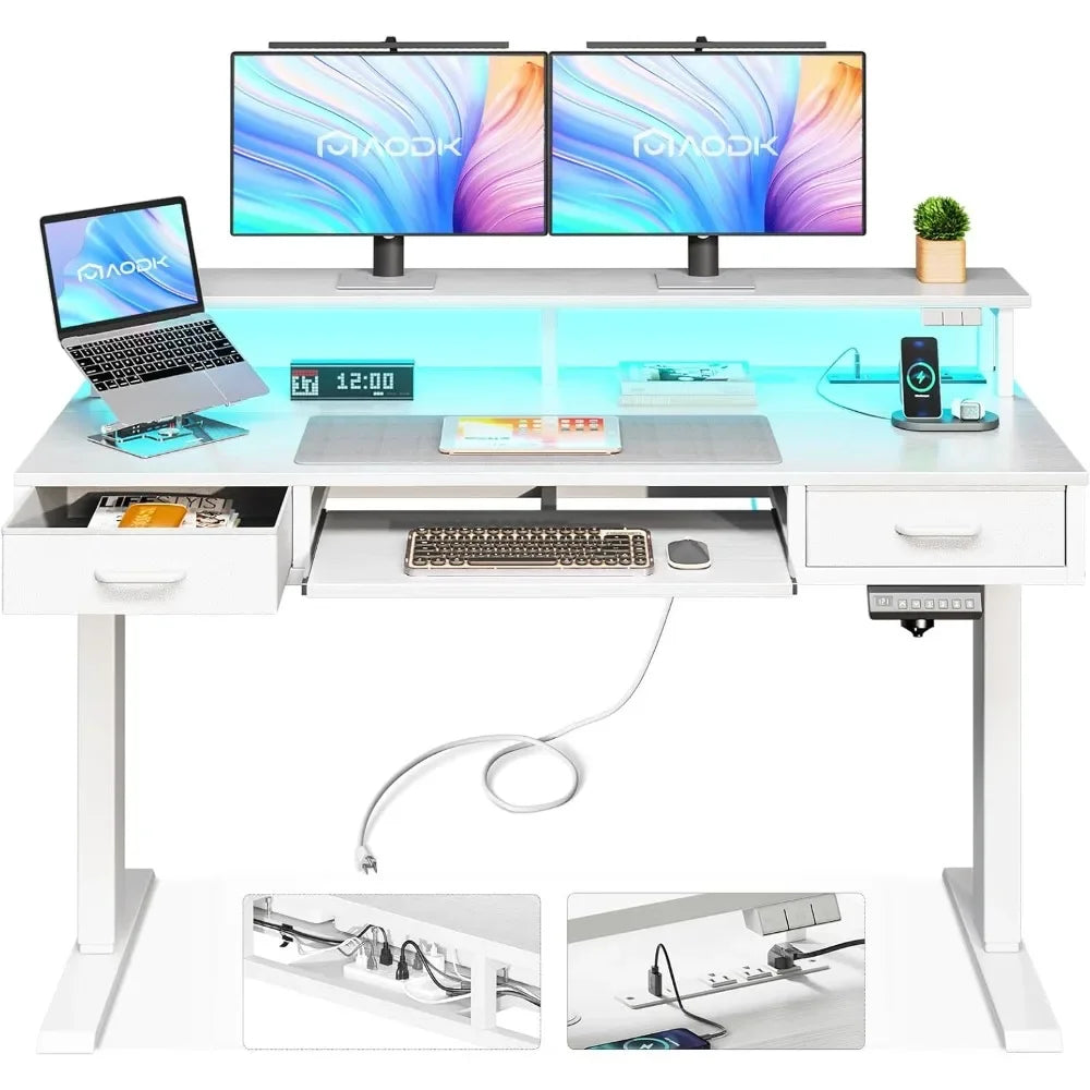 Electric Standing Desk with Drawers & Keyboard Tray, 47 Inch Height Adjustable Small Gaming Desk with Power Outlets & LED Light