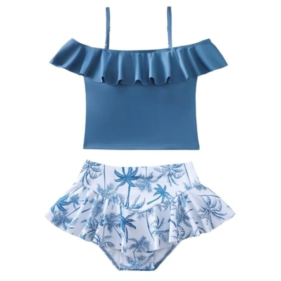 Mioglrie Girls Swimsuit 2 Pcs Bikini Set Tiered Ruffled Bathing Suit Floral Print Adjustable Straps Girls' Swimwear