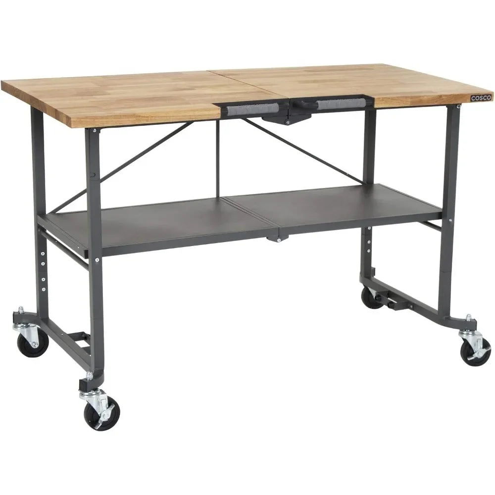 Smart-Fold Butcher Block Portable Workbench / Folding Utility Table Hardwood Top, 700LB Total Weight Capacity, Locking