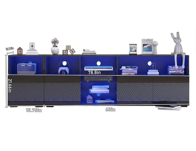 79" LED TV Stand for 75/80/85" TV,  High Gloss TV Cabinet w/Adjustable Storage Shelf, Modern Entertainment Center, White/Black