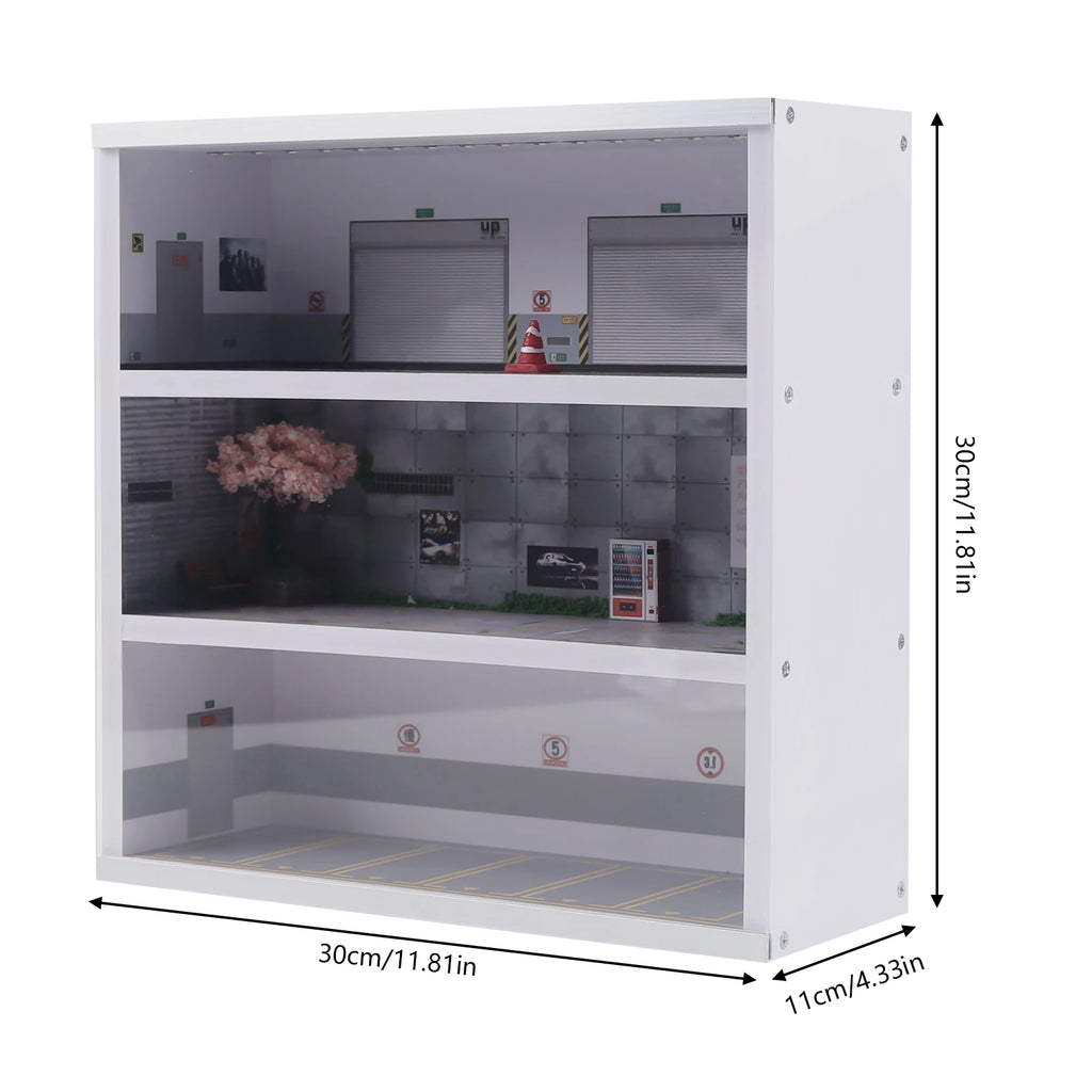 1:64 Simulation Diorama Parking Lot Display Case, 3 Tier 16 Parking Spaces Model Car Display Case with LED Light, Car Parking Lot Model for Diecast Car Collection