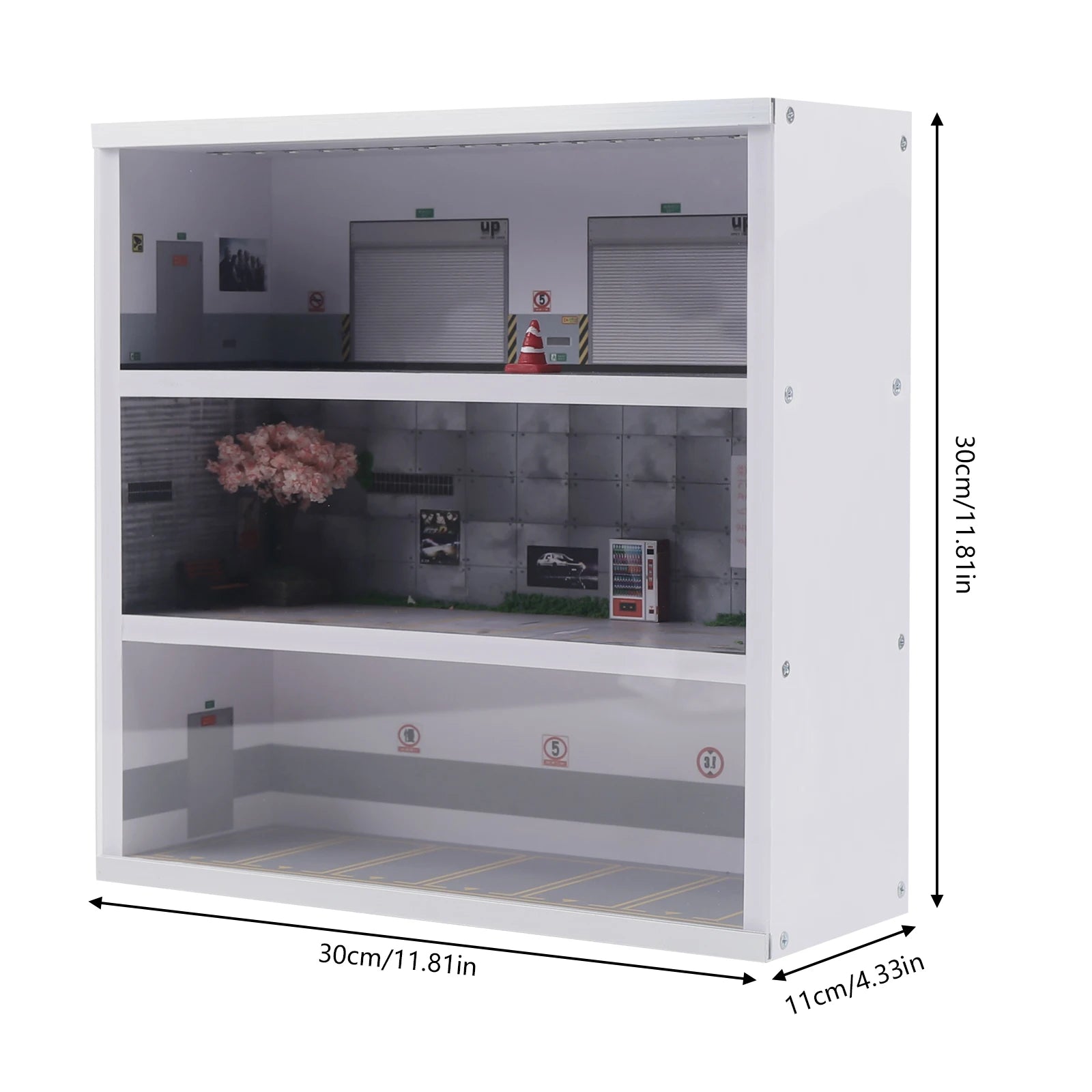 1:64 Simulation Diorama Parking Lot Display Case, 3 Tier 16 Parking Spaces Model Car Display Case with LED Light, Car Parking Lot Model for Diecast Car Collection
