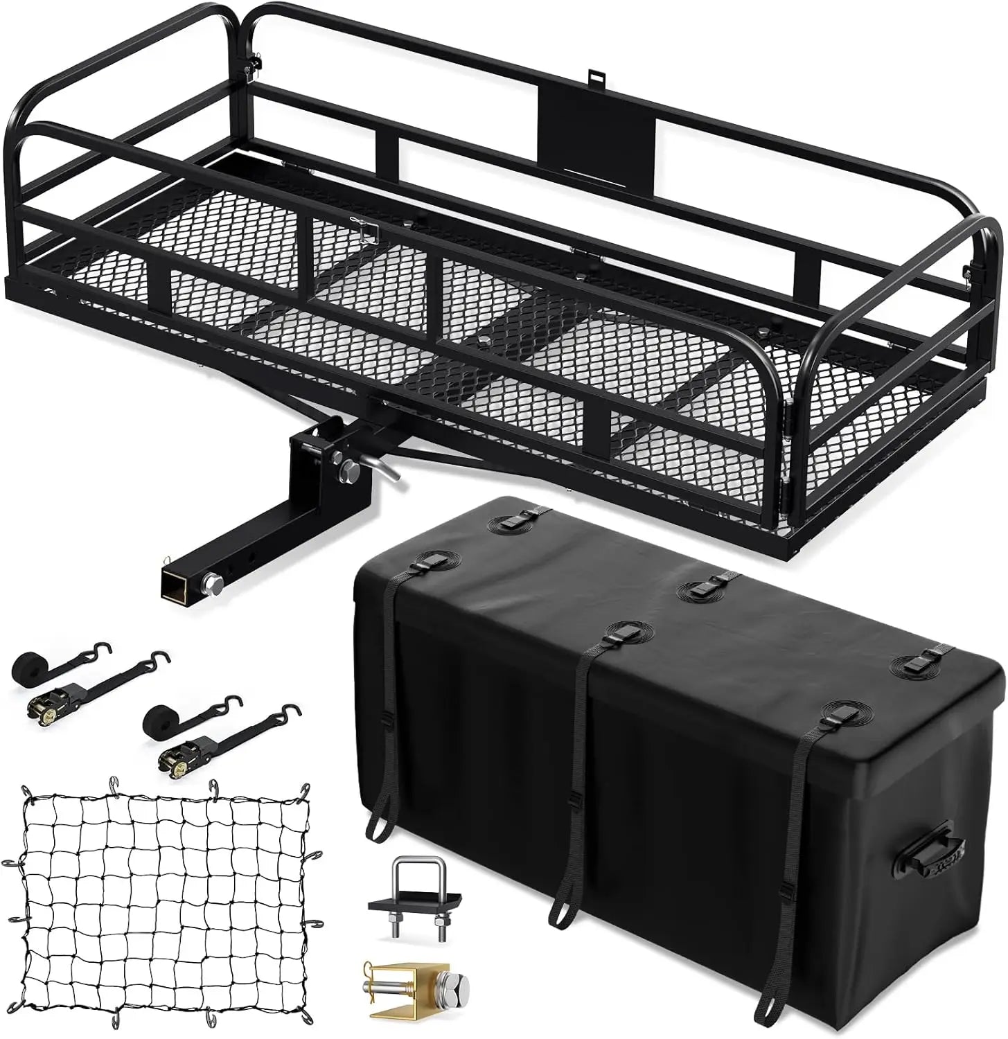 Hitch Cargo Carrier with 500 LBS Capacity, 60 x 24 x 14 Basket, Fits 2 Receivers, Includes Waterproof Bag and Cargo Net