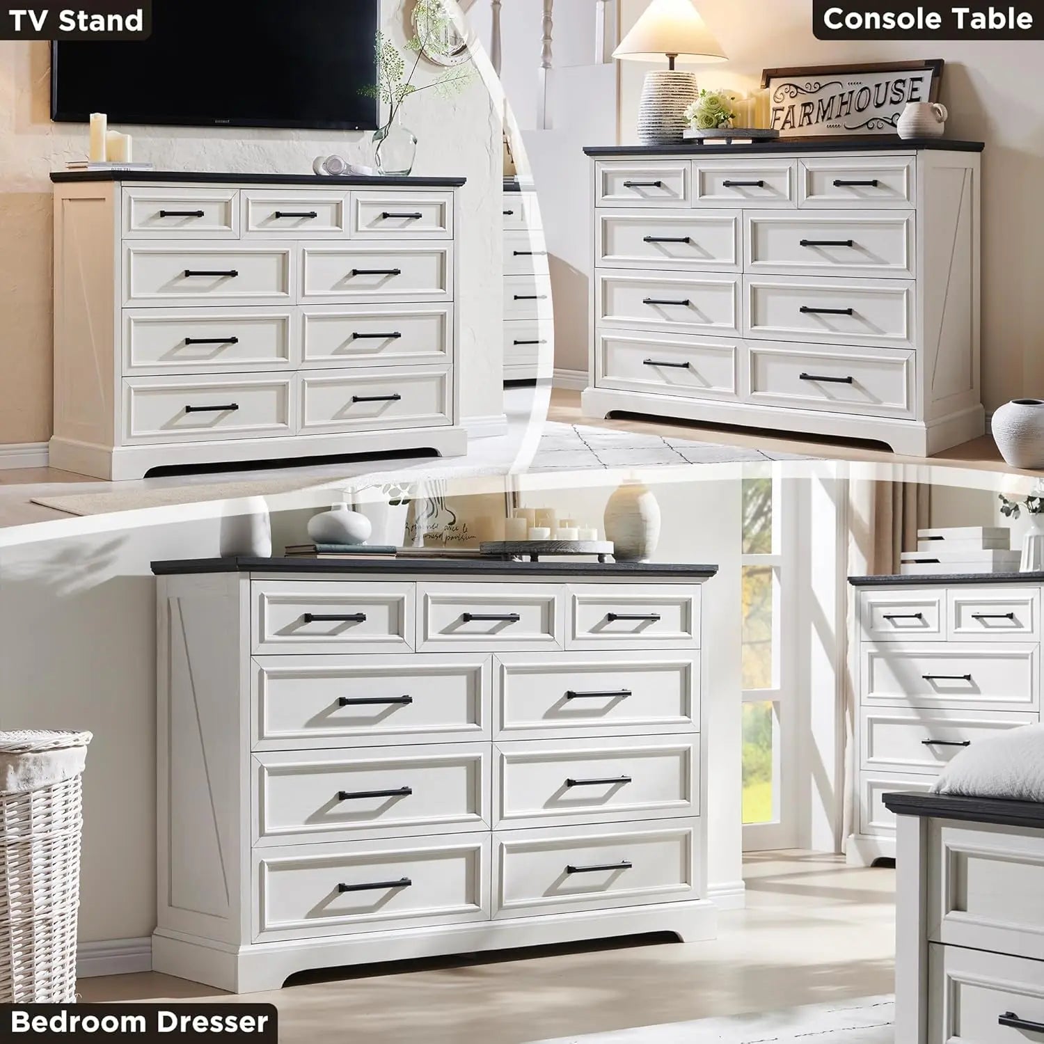 Farmhouse 9 Drawer 36" Dresser for TV Stand , Rustic Wood, Living Room, Hallway, Off White