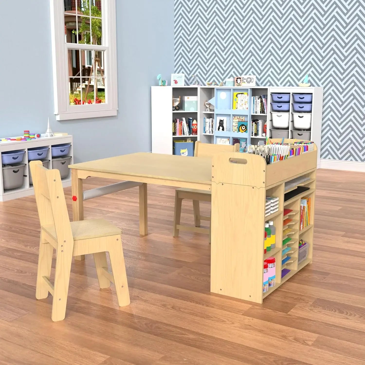 Kids Art Table and Chairs Set/ Craft Table with Large Storage Desk and Portable Art Supply Organizer for Children Ages 8-12