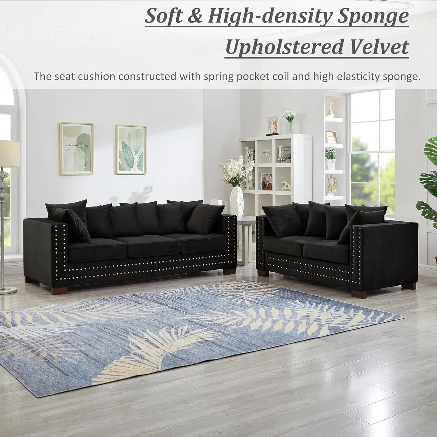 2-Piece Modern Velvet Upholstered 2+3 Seater Sofa Set with Storage Space, Loveseat and Sofa Couch with Silver Nail Trim