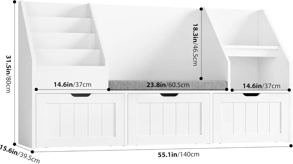 55.1’’ Kids Bookshelf with Reading Nook, Toy Storage Organizer with Seat Cushion and 3 Movable Drawers, Kids Reading Nook Toy