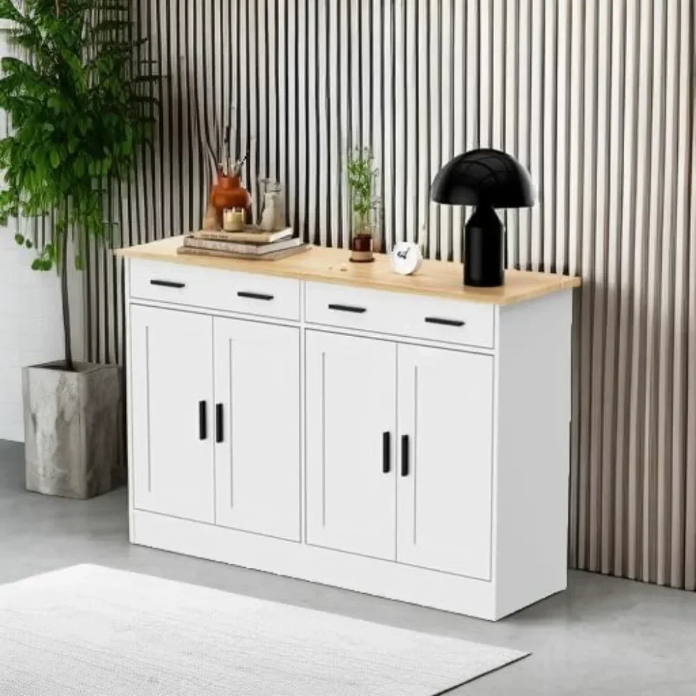 White Buffet Cabinet, Coffee Bar Cabinet with 2 Drawers & 4 Doors, Kitchen/ Buffet Sideboard for Living Room, Kitchen