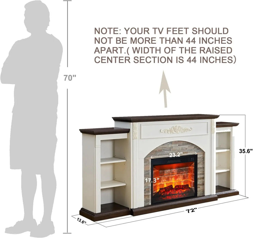 72" Electric Fireplace with Mantel, Farmhouse TV Stand for TVs Up to 80", White Entertainment Center with Storage