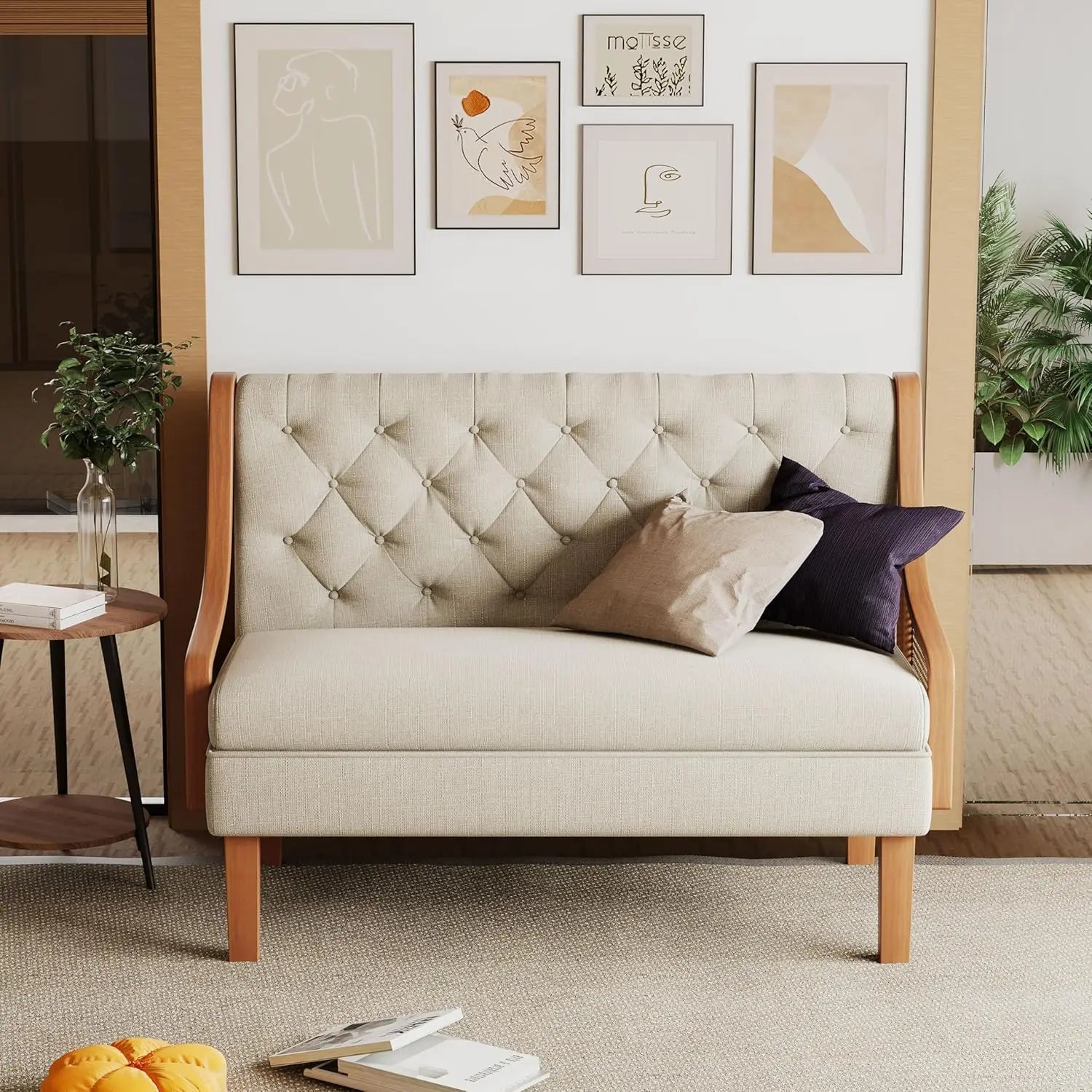 Loveseat Settee Bench with Natural Rattan Arms ,Upholstered Modern Mini Sofa Couch ,Banquette Dining Bench/Love Seat