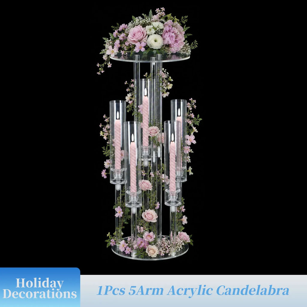 Clear 5-Arm Acrylic Candelabra with Flower Stand & Lampshade, 23.6" Tall Candle Holder for Wedding Table Centerpieces, Fits LED Candles for Party, Banquet, Birthday, Home Event Christmas Decor