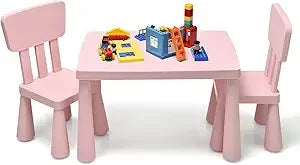 Kids 3 Piece Table and Chair Set, Plastic Children Activity Desk for Reading, Drawing, Snack Time, Arts Crafts, Preschool, Kind