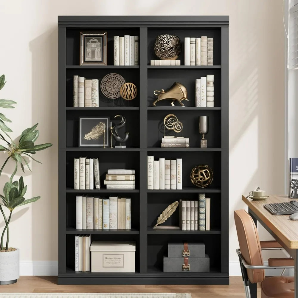 Extra Large 74.5" Tall Double Storage Bookshelf with 6-Tier and 12 Cubby Shelves for Wide Freestanding Use