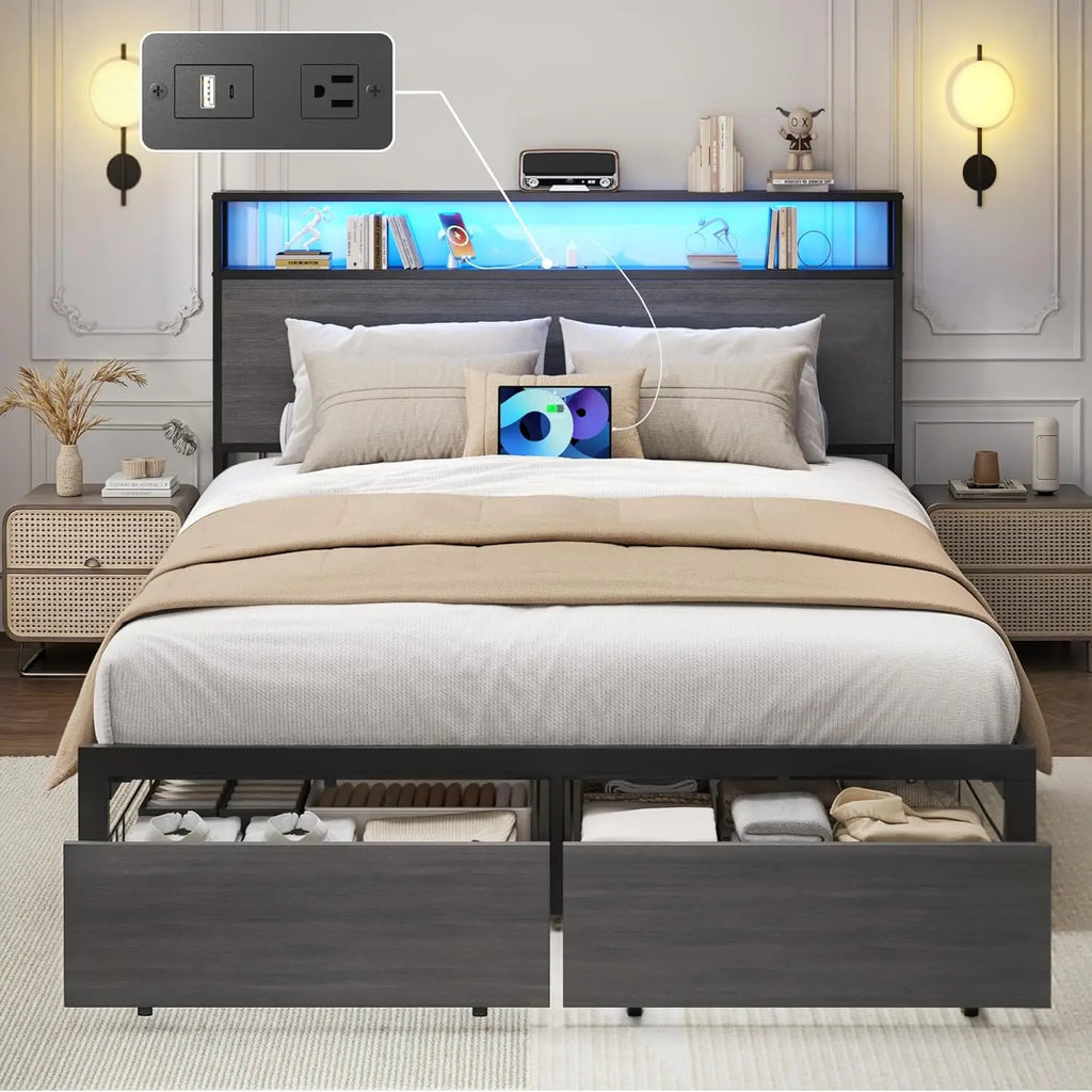 Full Bed Frame with 2-Tier Storage Headboard, Metal Bed Frame with Storage Drawers & Built-in Charging Station & LED