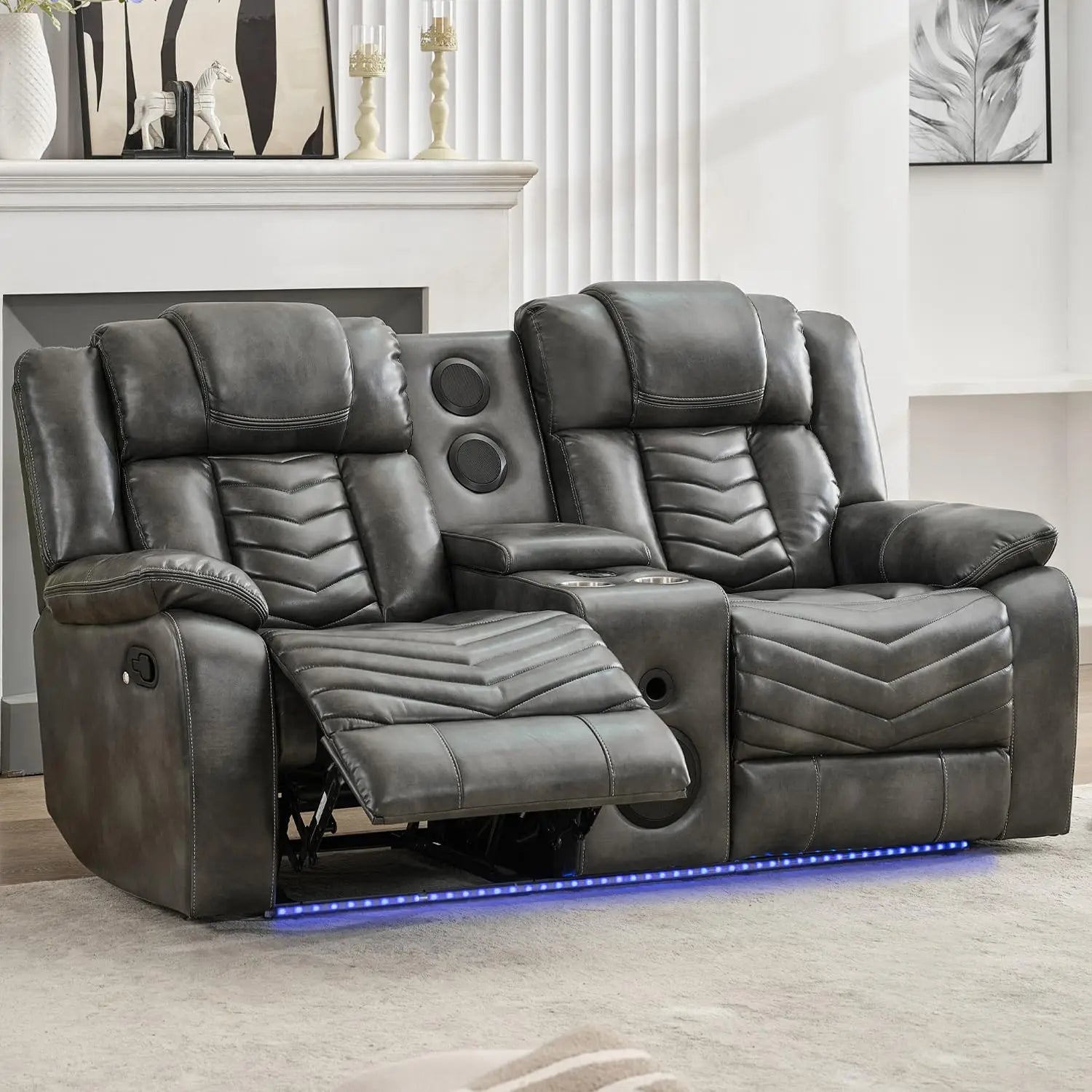 Manual Recliner Loveseat with Bass Speaker, Faux Leather Reclining Love Seat with LED Lights, USB Charger, Cup Holder