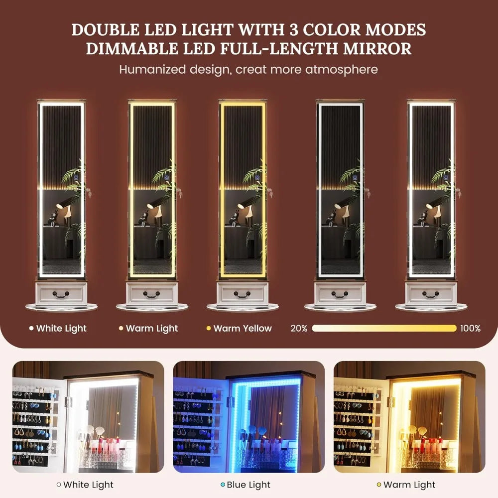 LED Mirror Jewelry Cabinet Standing, 360°Swivel Jewelry Armoire with Full Length Mirror, Mirror with Jewelry Storage and Large