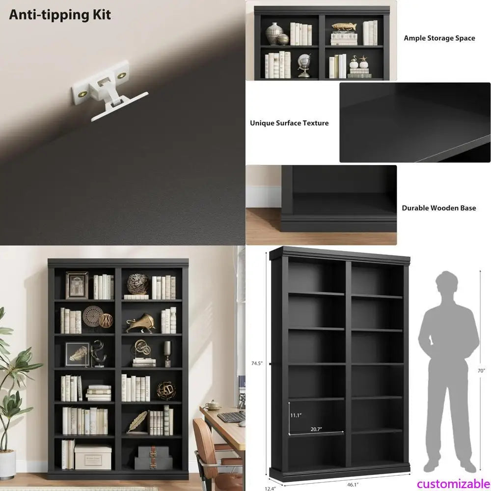 Extra Large 74.5" Tall Double Storage Bookshelf with 6-Tier and 12 Cubby Shelves for Wide Freestanding Use