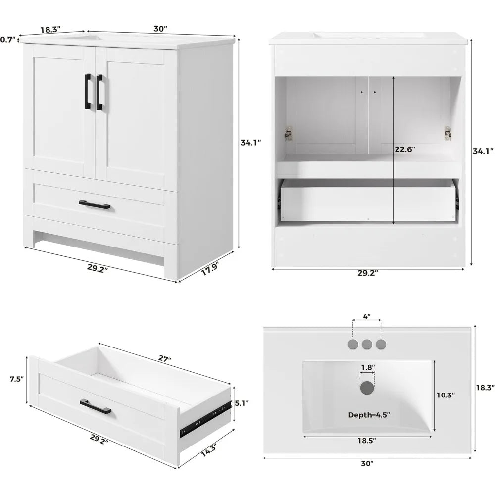 Modern Freestanding 30 Bathroom Vanity with Soft-Close Cabinet and Sink, Featuring Ample Storage and Sleek Design