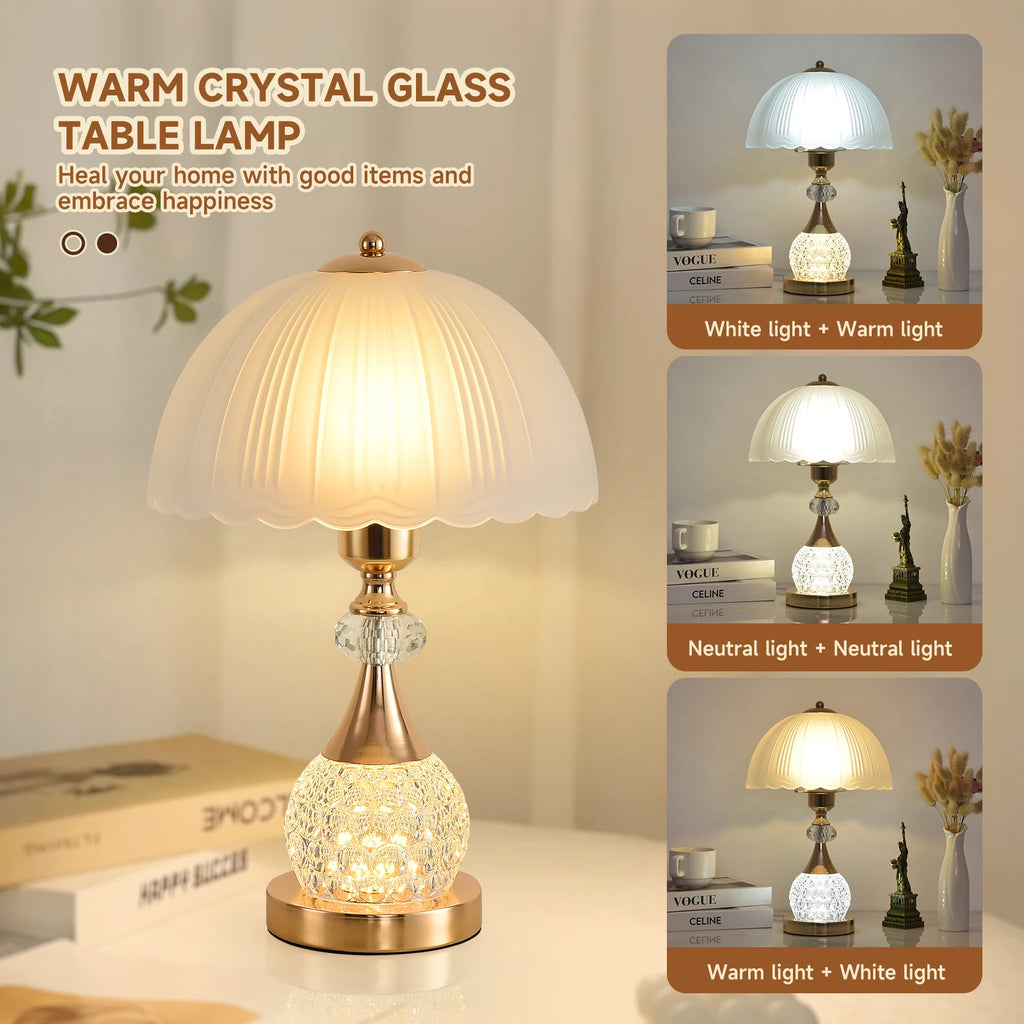 Bedside Table Lamp/ Petal Light Luxury Crystal Push Button Switch/ Bedroom/ Living Room/ Den Control Dimming Warm Atmosphere-Decorative