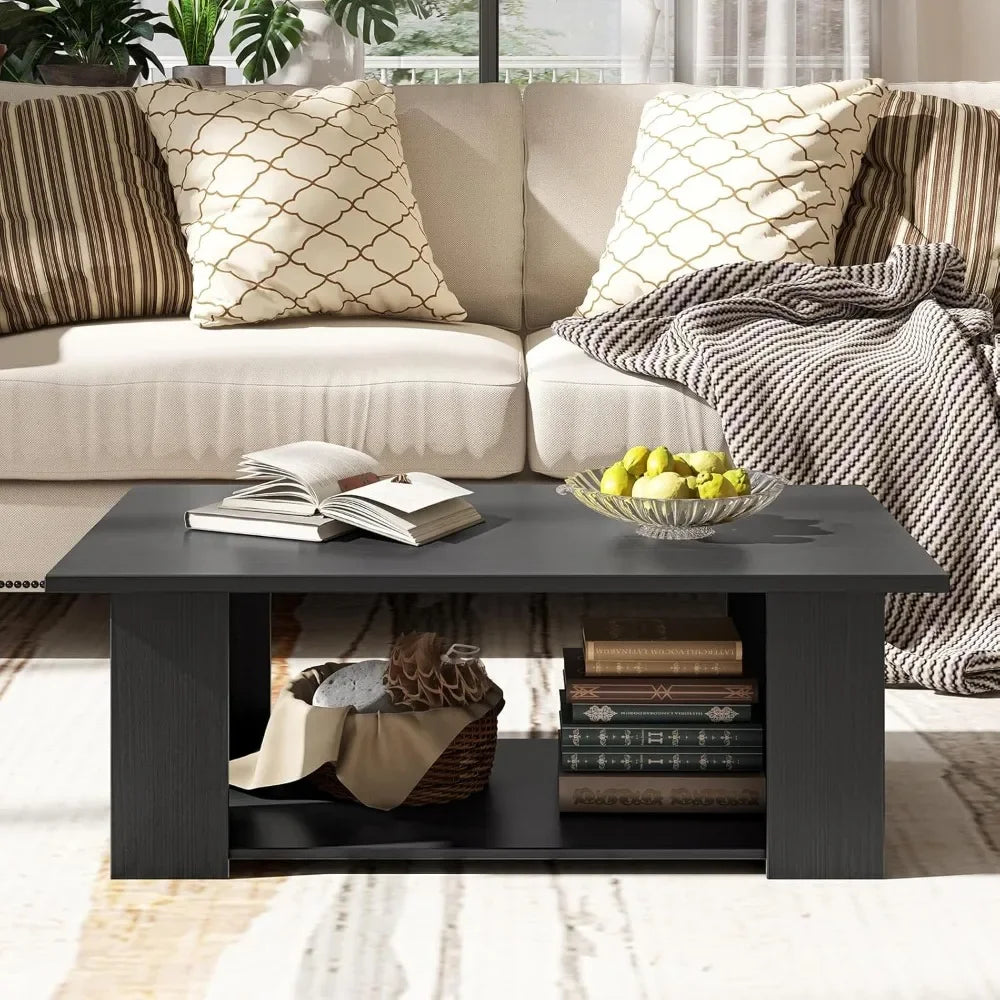 2-Tier Coffee Table, Modern Rectangular Center Cocktail Table with 5 Support Legs, Wooden Accent Living Room Furniture