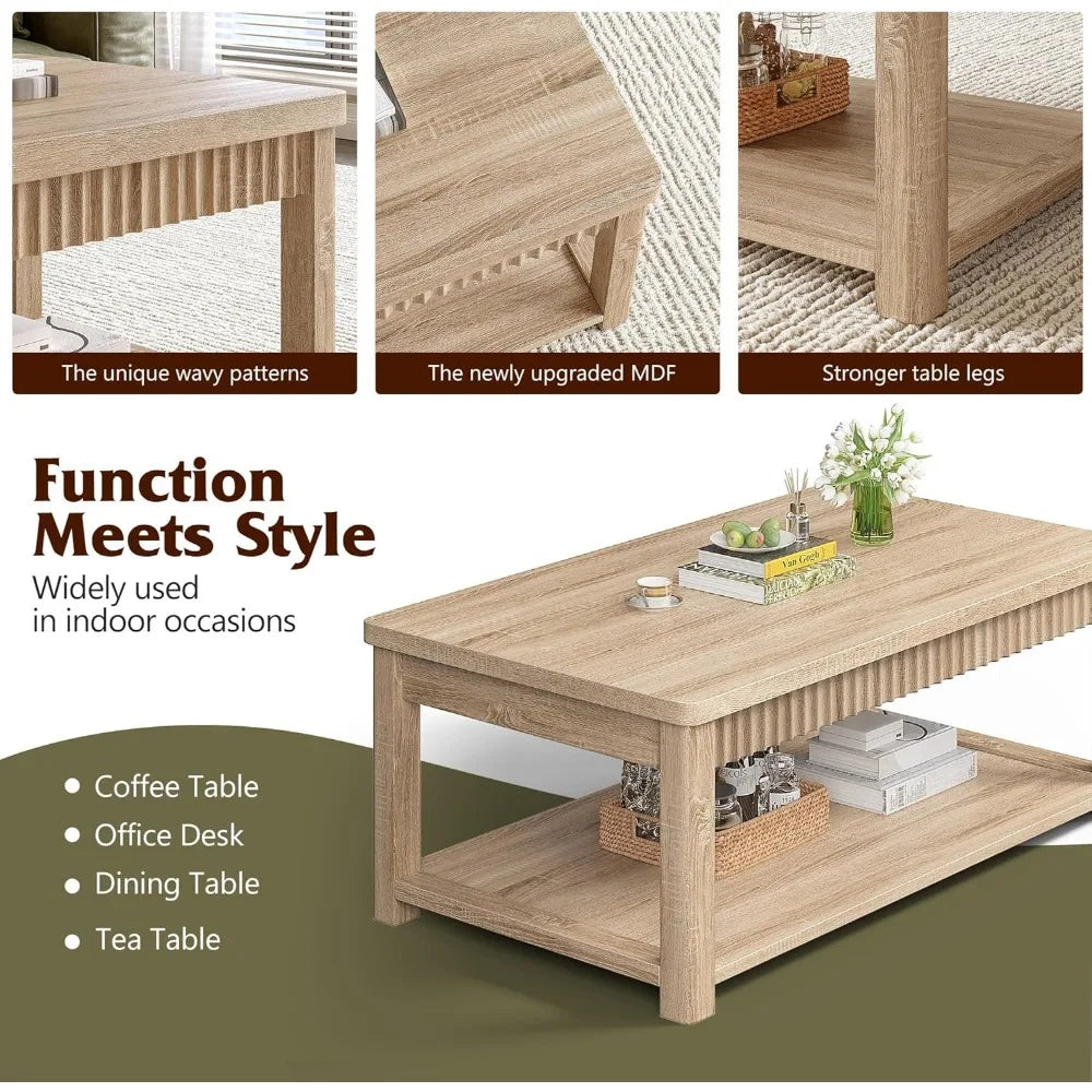 Coffee Table, 39 Inch Modern Coffee Table for Living Room with 2-Tier Storage & Wave-Edge, Oak Center Table for Bedroom/Office
