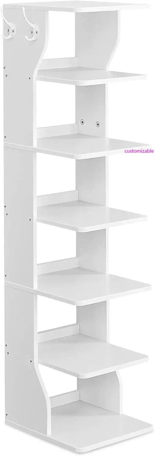 7-Tier Vertical Shoe Rack, Narrow Shoe Storage Organizer with Hooks, Slim Corner Shoe Tower Rack, Space Saving