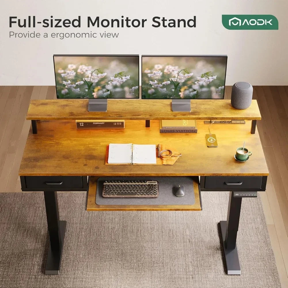 Electric Standing Desk with Drawers & Keyboard Tray, 55" Height Adjustable Gaming Desk with Power Outlets & LED Lights
